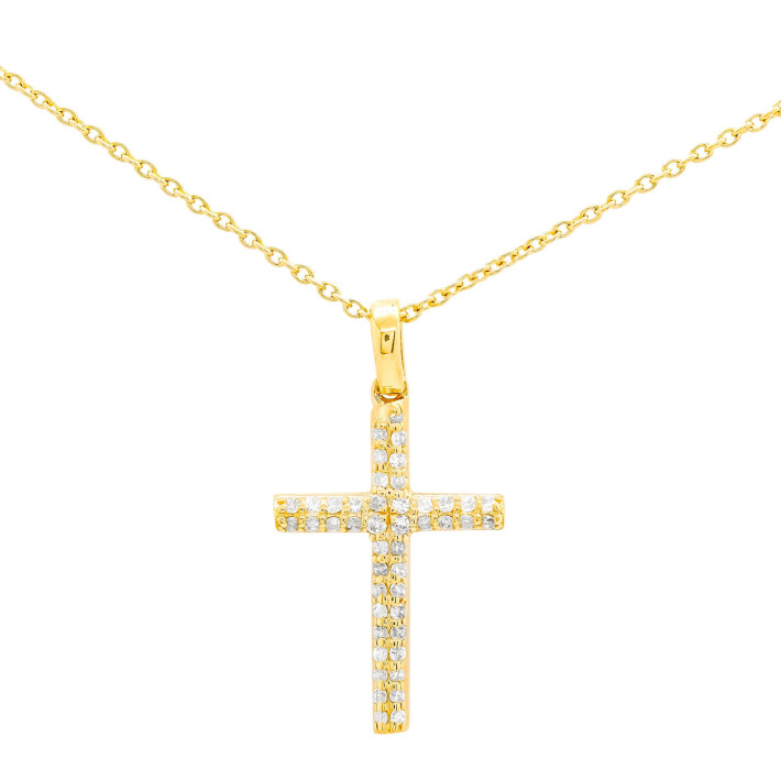 Náhrdelník ze žlutého zlata ve tvaru křížku s diamanty NC02667